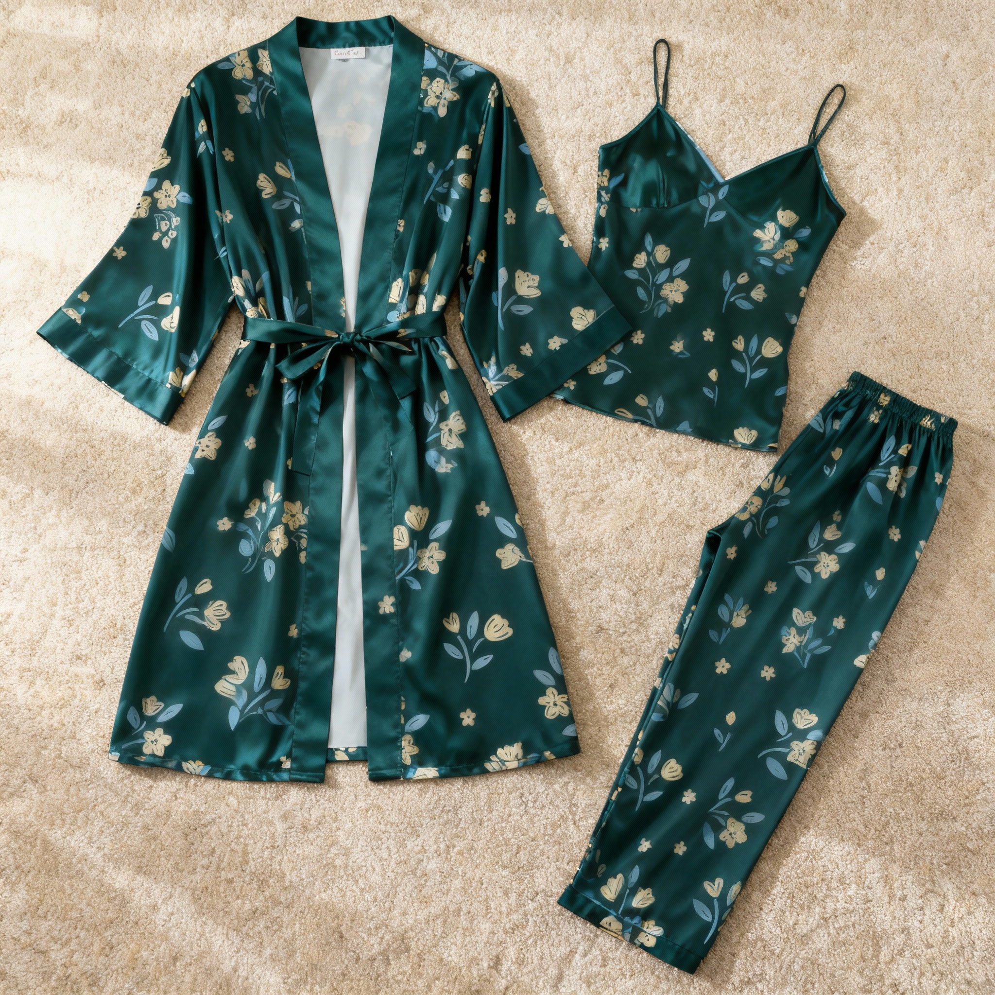 Satin 3-Piece Sleepwear Set with Elegant Green Design