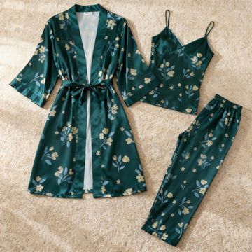 Satin 3-Piece Sleepwear Set with Elegant Green Design