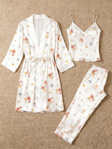 Chic 3-Piece Satin Nightwear Set Featuring Cute Floral Motifs