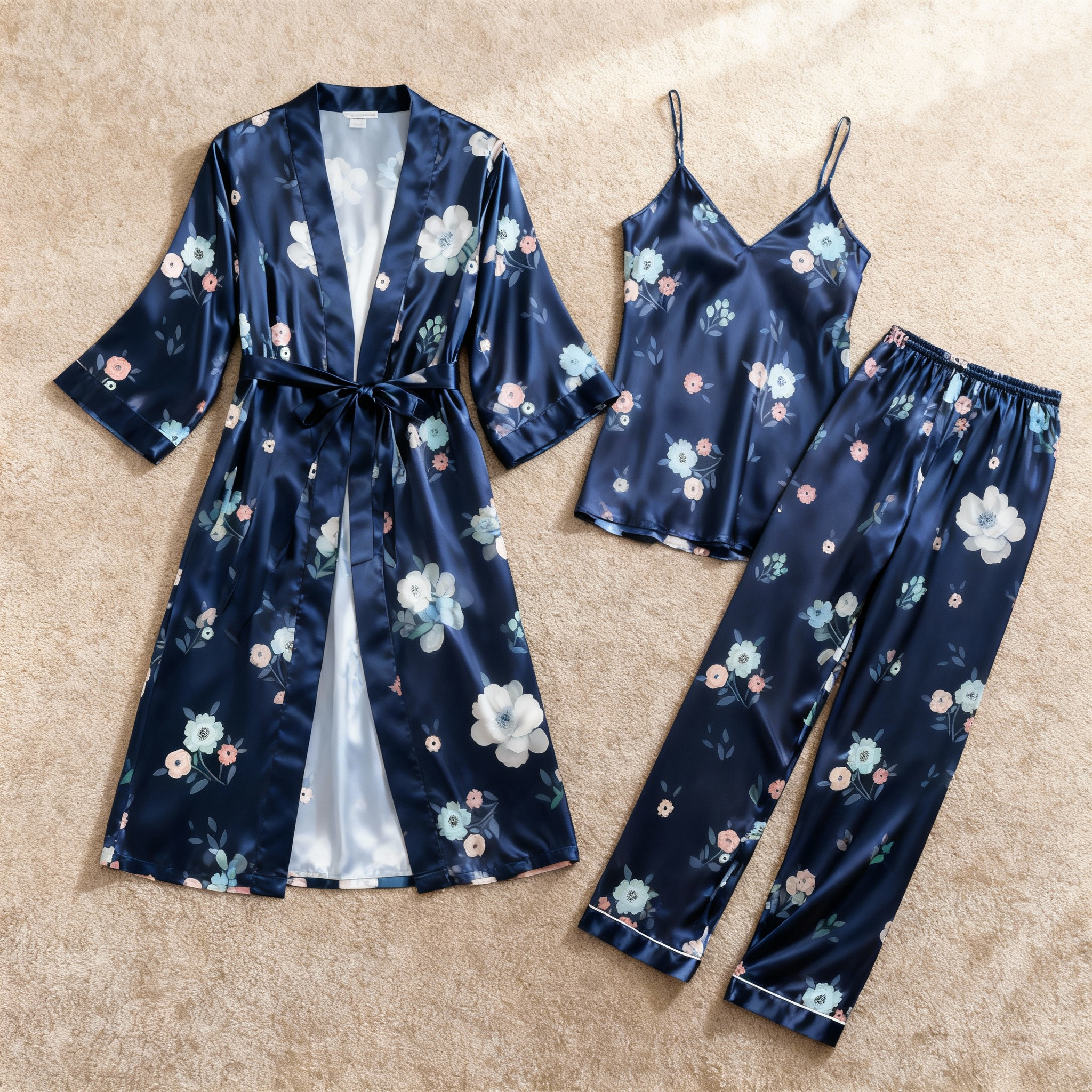 Chic 3-Piece Satin Nightwear Set Featuring Elegant Floral Motifs