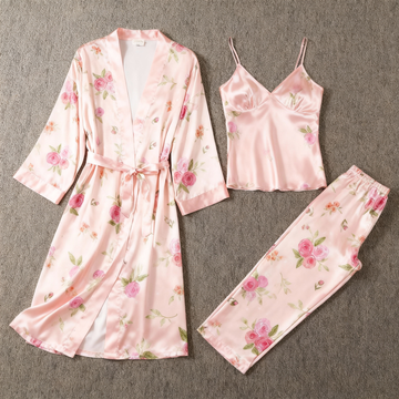 Chic 3-Piece Satin Nightwear Set Featuring Pink Floral Motifs
