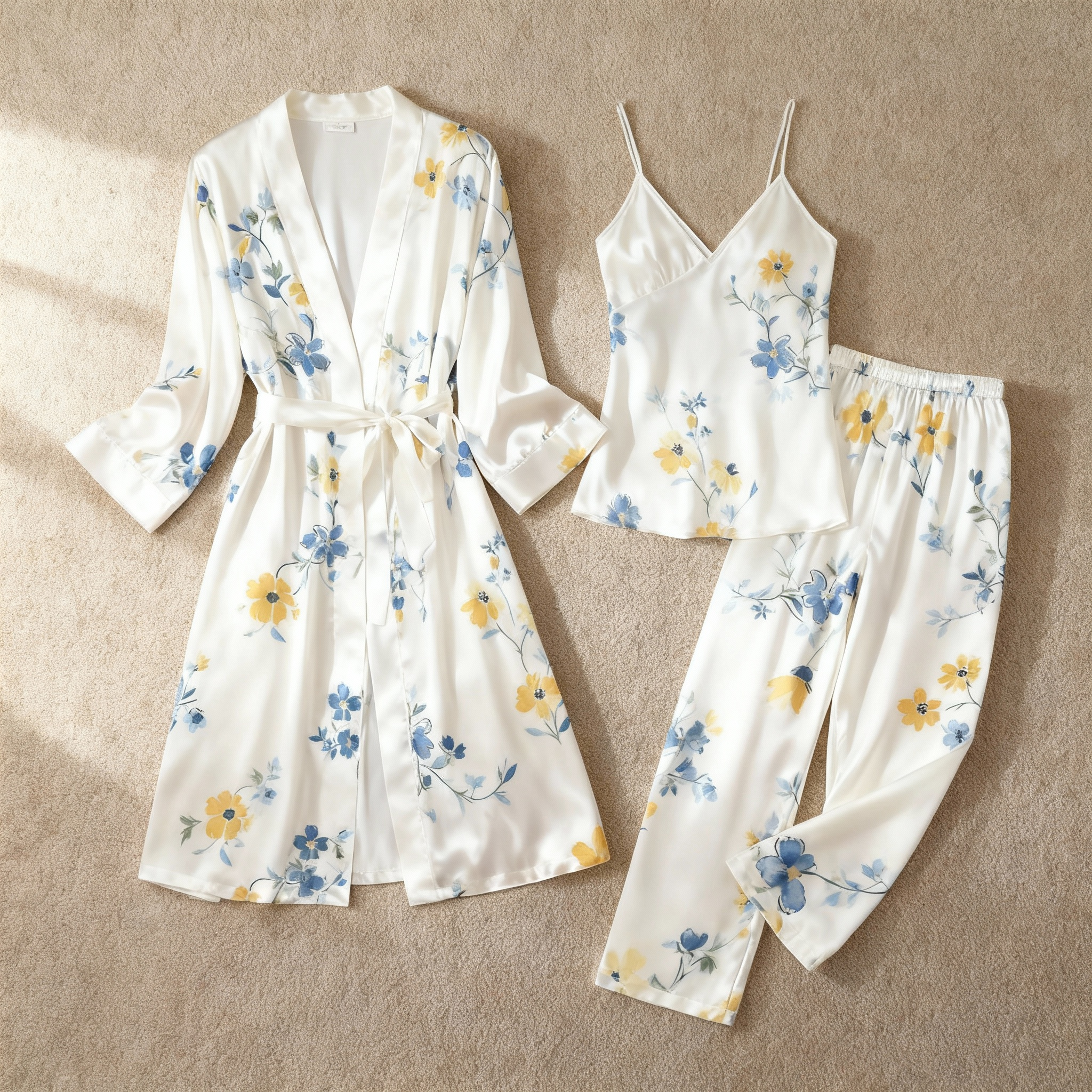 Chic 3-Piece Satin Nightwear Set Featuring Whisper Floral Motifs