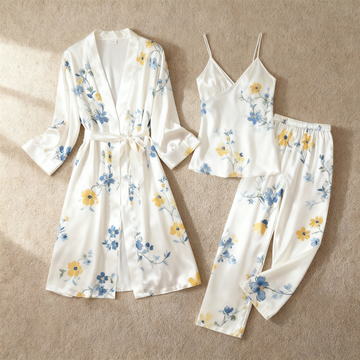 Chic 3-Piece Satin Nightwear Set Featuring Whisper Floral Motifs