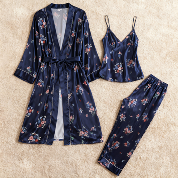 Chic 3-Piece Satin Nightwear Set Featuring Delicate Floral Motifs