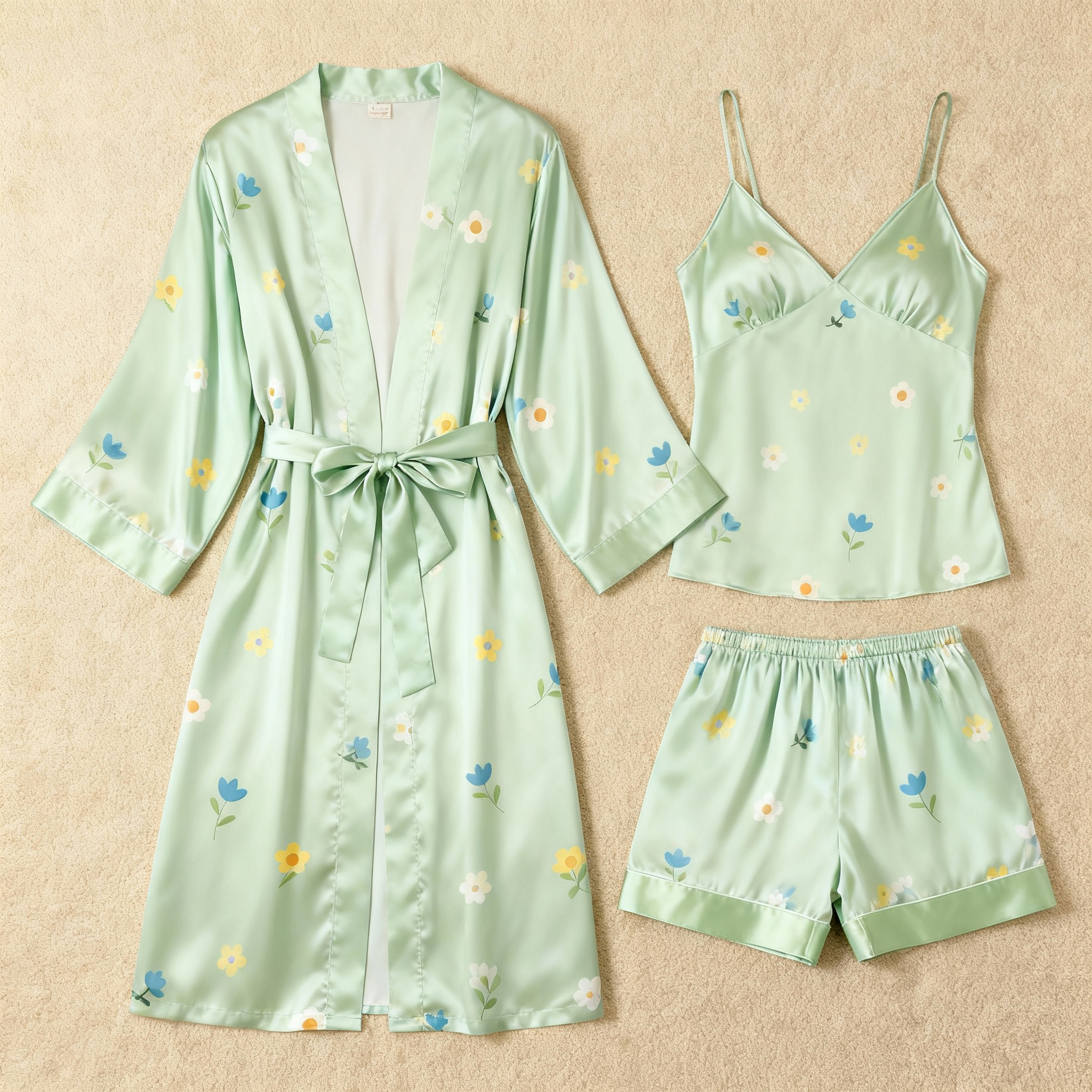 Floral Motif & Dreamscape Green Satin Sleepwear Trio for Women