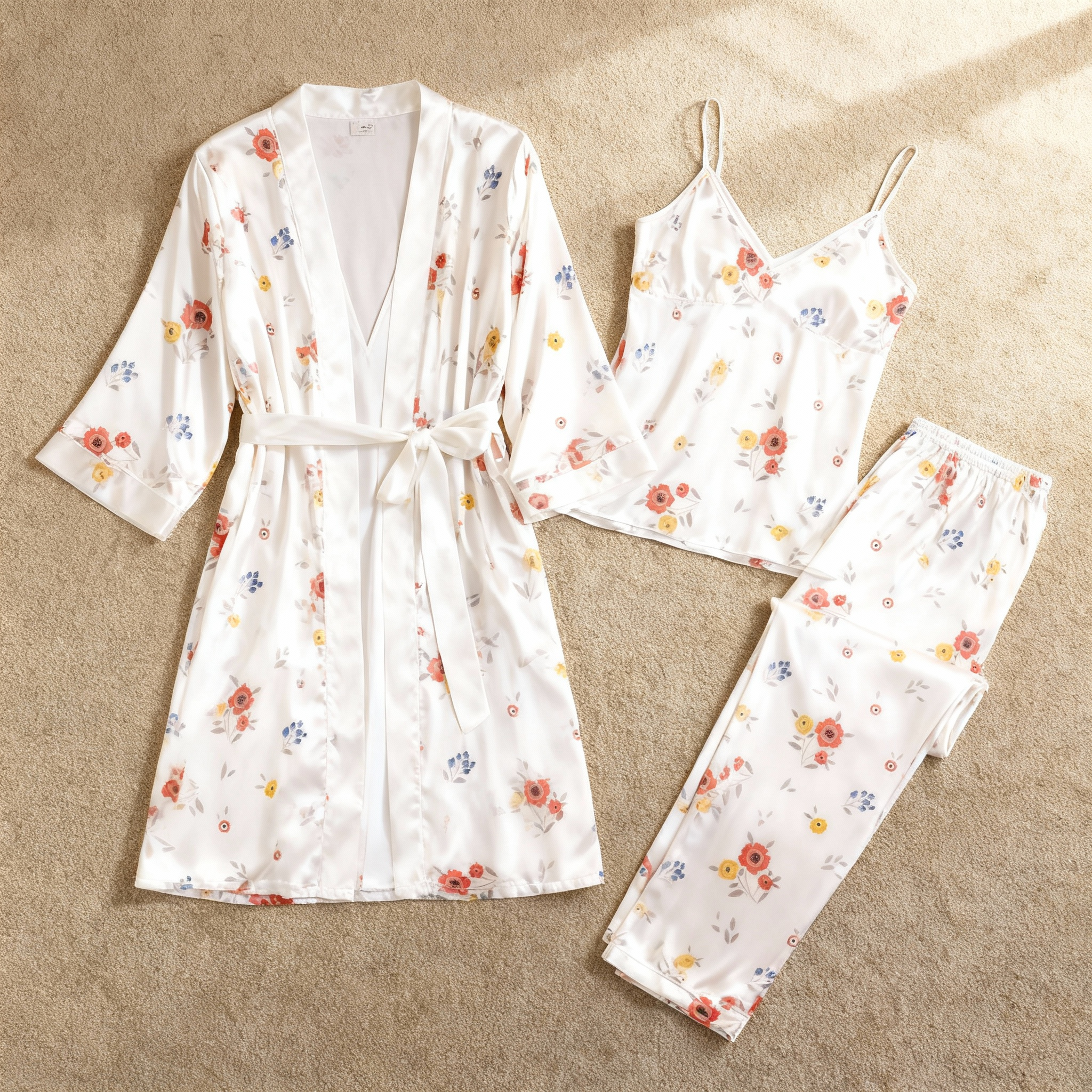 Satin 3-Piece Sleepwear Set with Tiny Floral Design