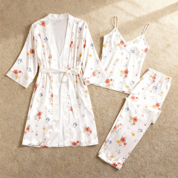 Satin 3-Piece Sleepwear Set with Tiny Floral Design
