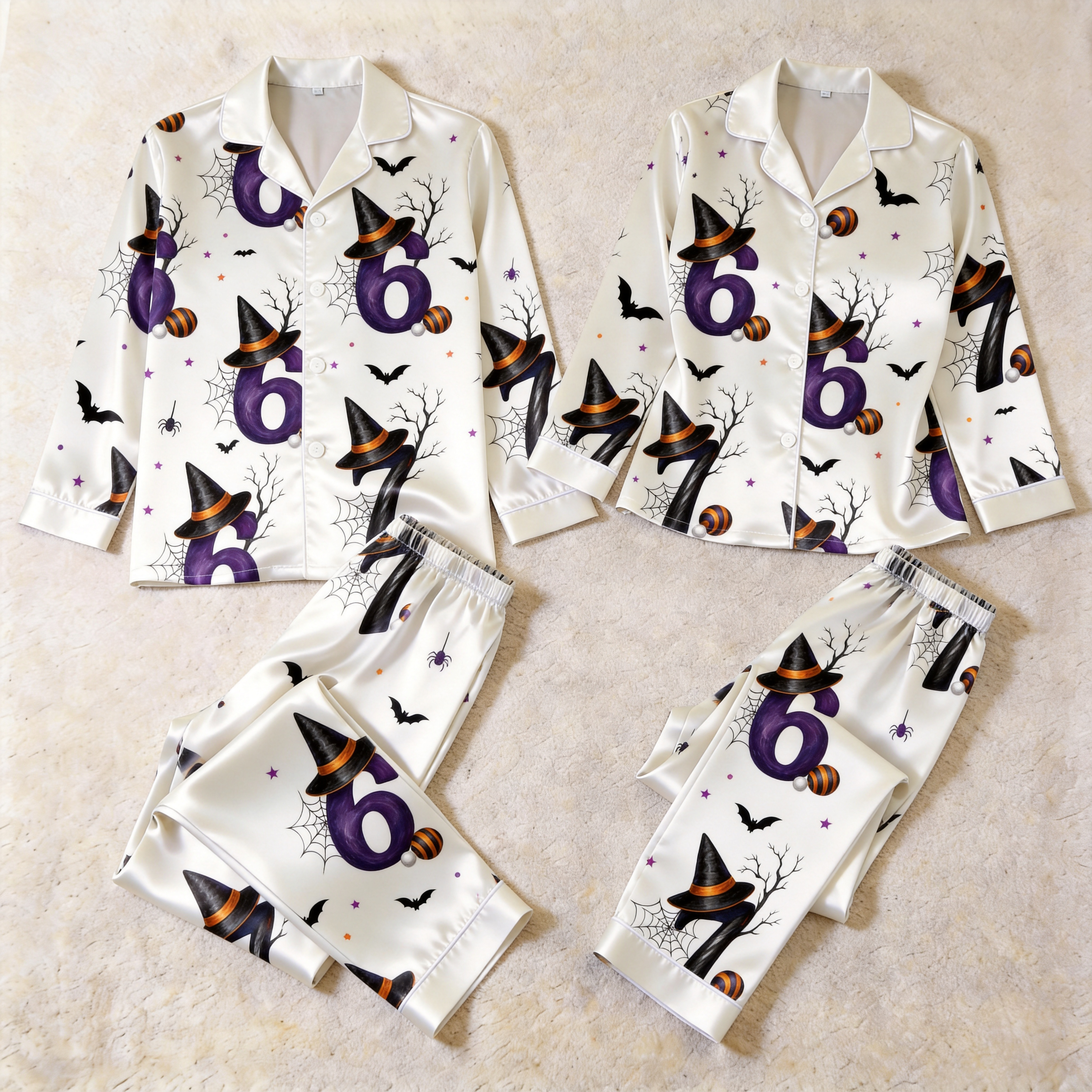 Halloween Number 67 Witch Hat Satin Matching Pajamas for Couples – Long Sleeve Button-Down Top & Pants Sleepwear Set