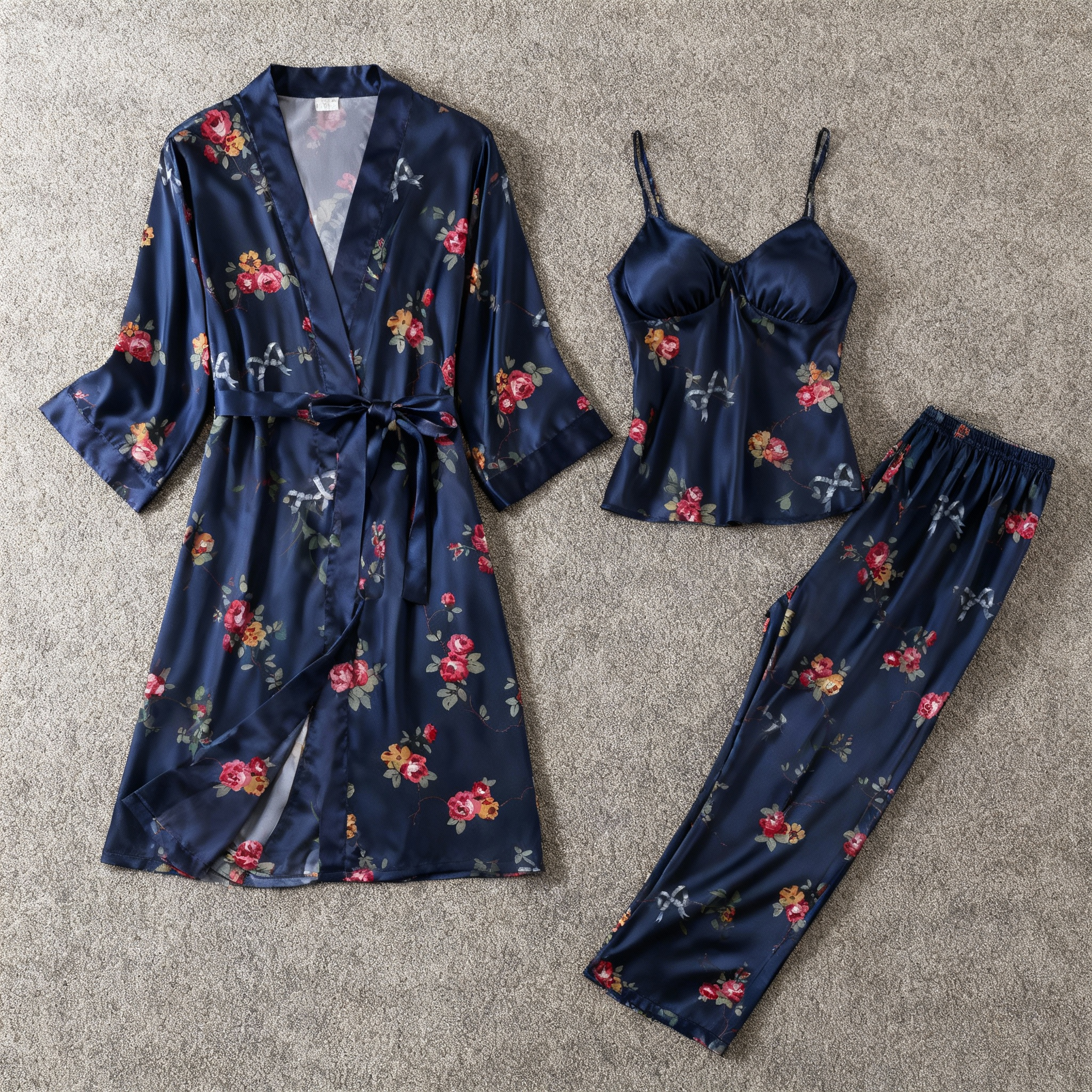 Chic 3-Piece Satin Nightwear Set Featuring Romantic Floral Motifs