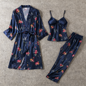 Chic 3-Piece Satin Nightwear Set Featuring Romantic Floral Motifs