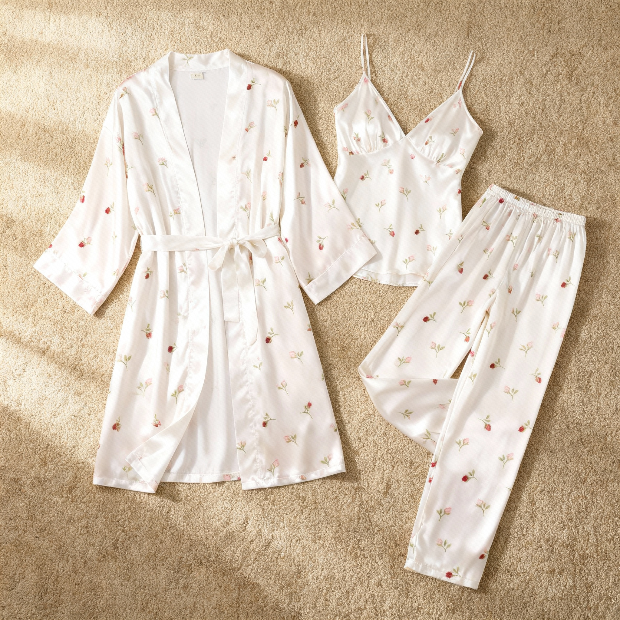 Chic 3-Piece Satin Nightwear Set Featuring Simple Rose Motifs