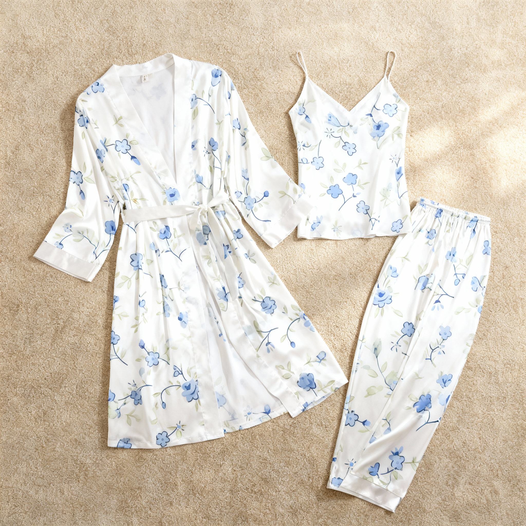 Chic 3-Piece Satin Nightwear Set Featuring Elegant Blue Floral Motifs