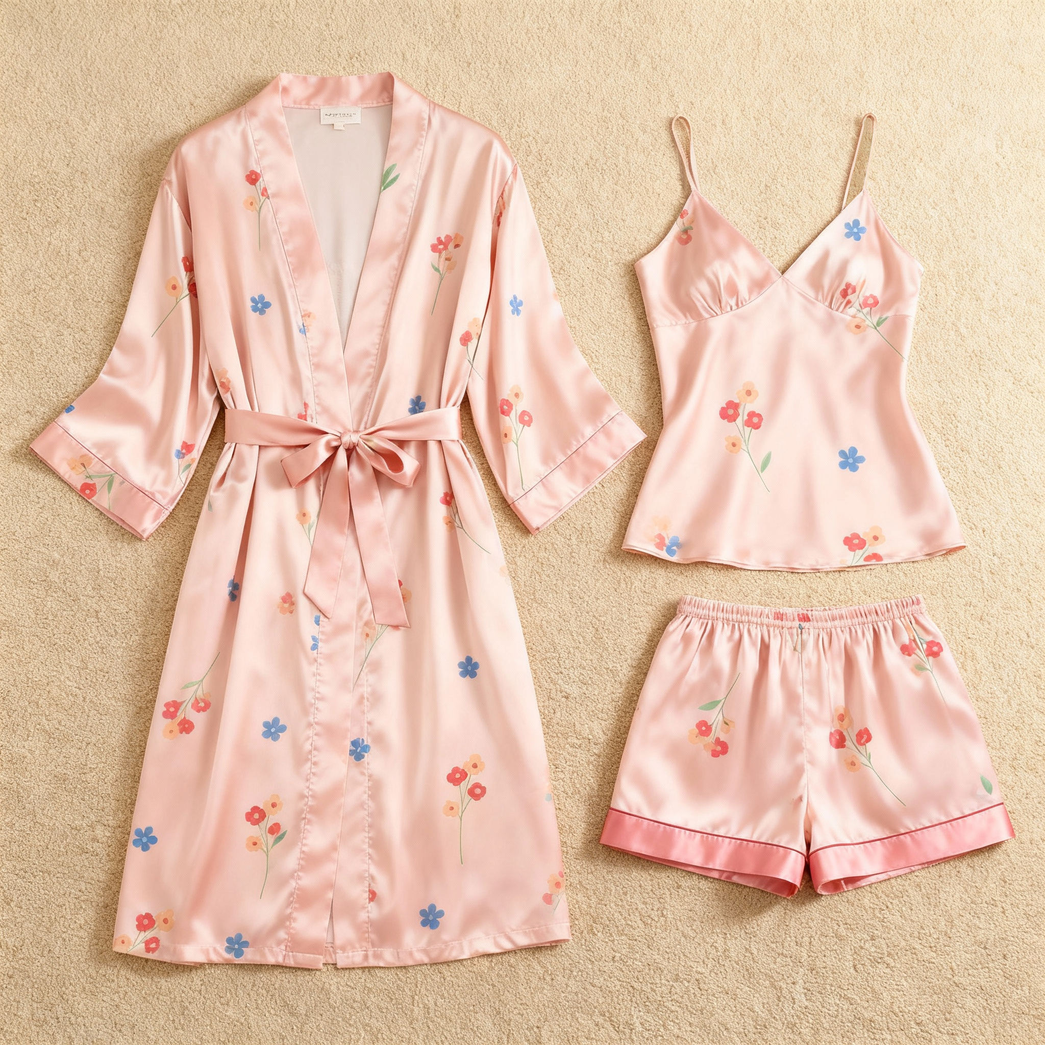 Floral Motif & Dreamscape Pink Satin Sleepwear Trio for Women