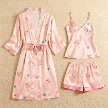 Floral Motif & Dreamscape Pink Satin Sleepwear Trio for Women