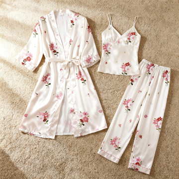 Chic 3-Piece Satin Nightwear Set Featuring Romantic Pink Floral Motifs