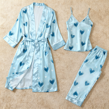 Chic 3-Piece Satin Nightwear Set Featuring Romantic Blue Heart Motifs