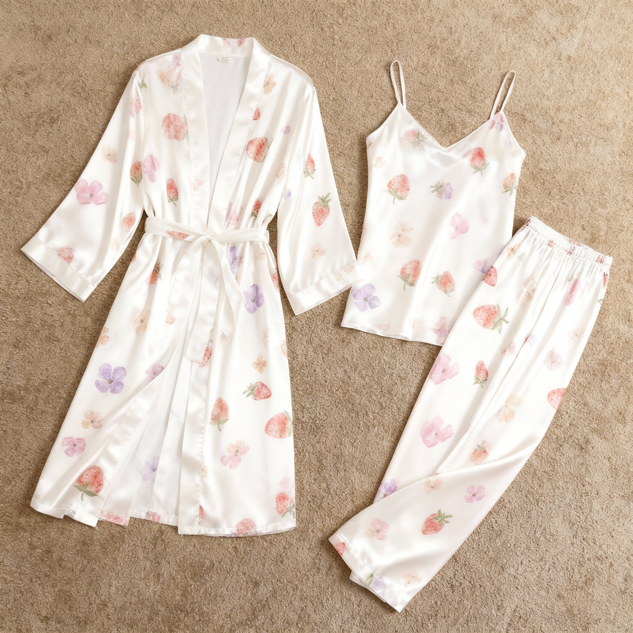 Satin 3-Piece Sleepwear Set with Dreamy Watercolor Design