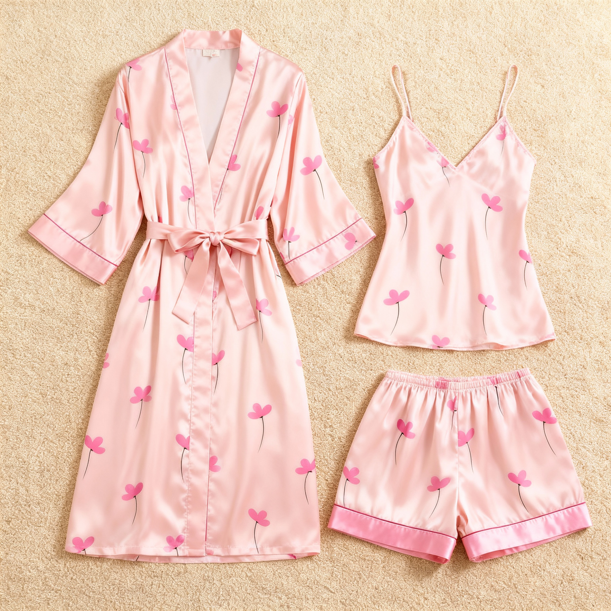 Elegant Floral & Dreamscape Pink Satin Sleepwear Trio for Women