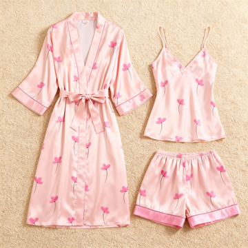 Elegant Floral & Dreamscape Pink Satin Sleepwear Trio for Women