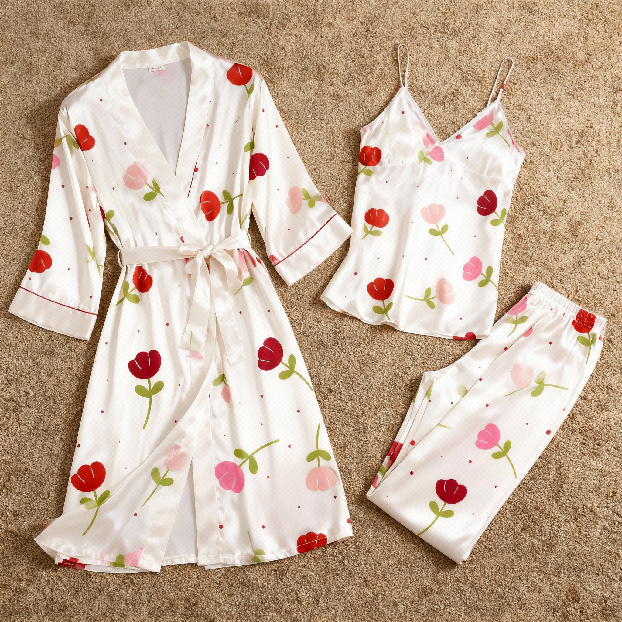 Feminine Satin Pajama Trio with Soft Floral Details
