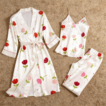 Feminine Satin Pajama Trio with Soft Floral Details