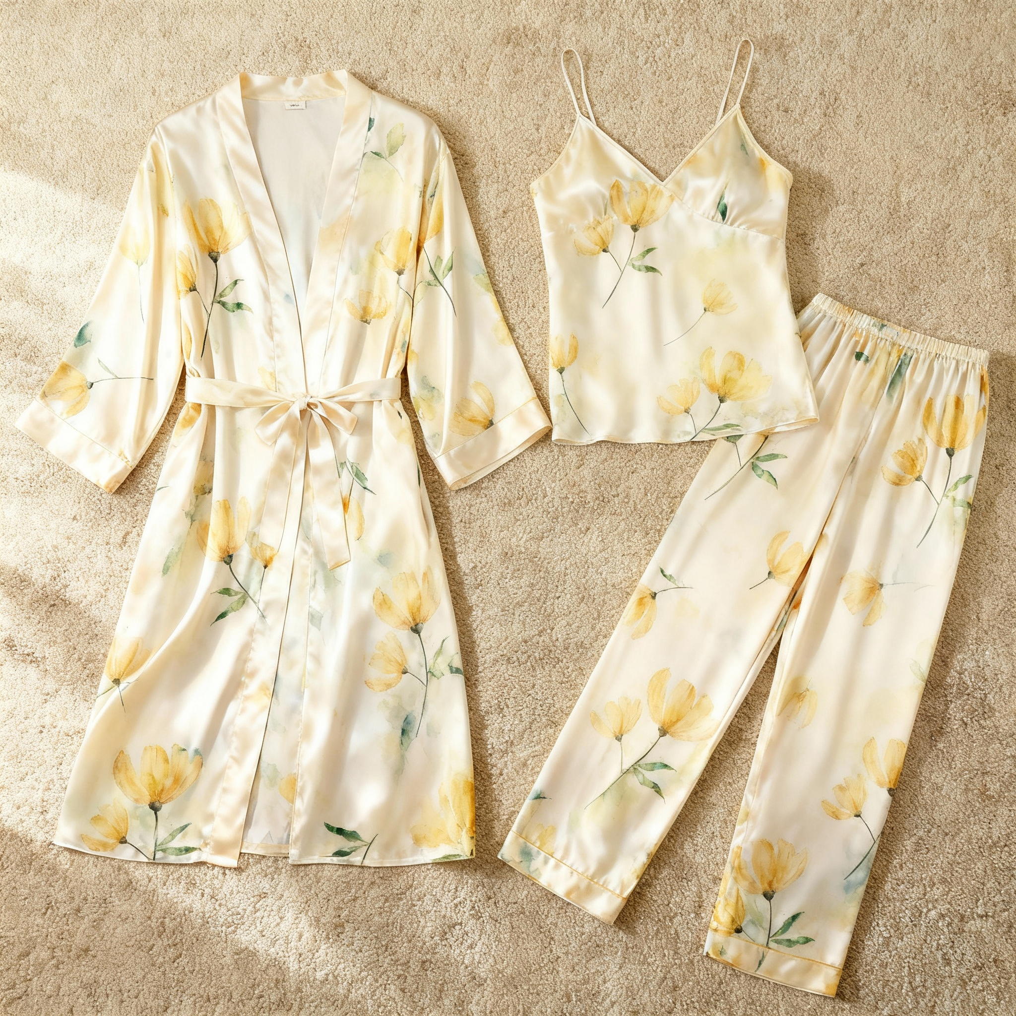 Feminine Satin Pajama Trio with Yellow Floral Details