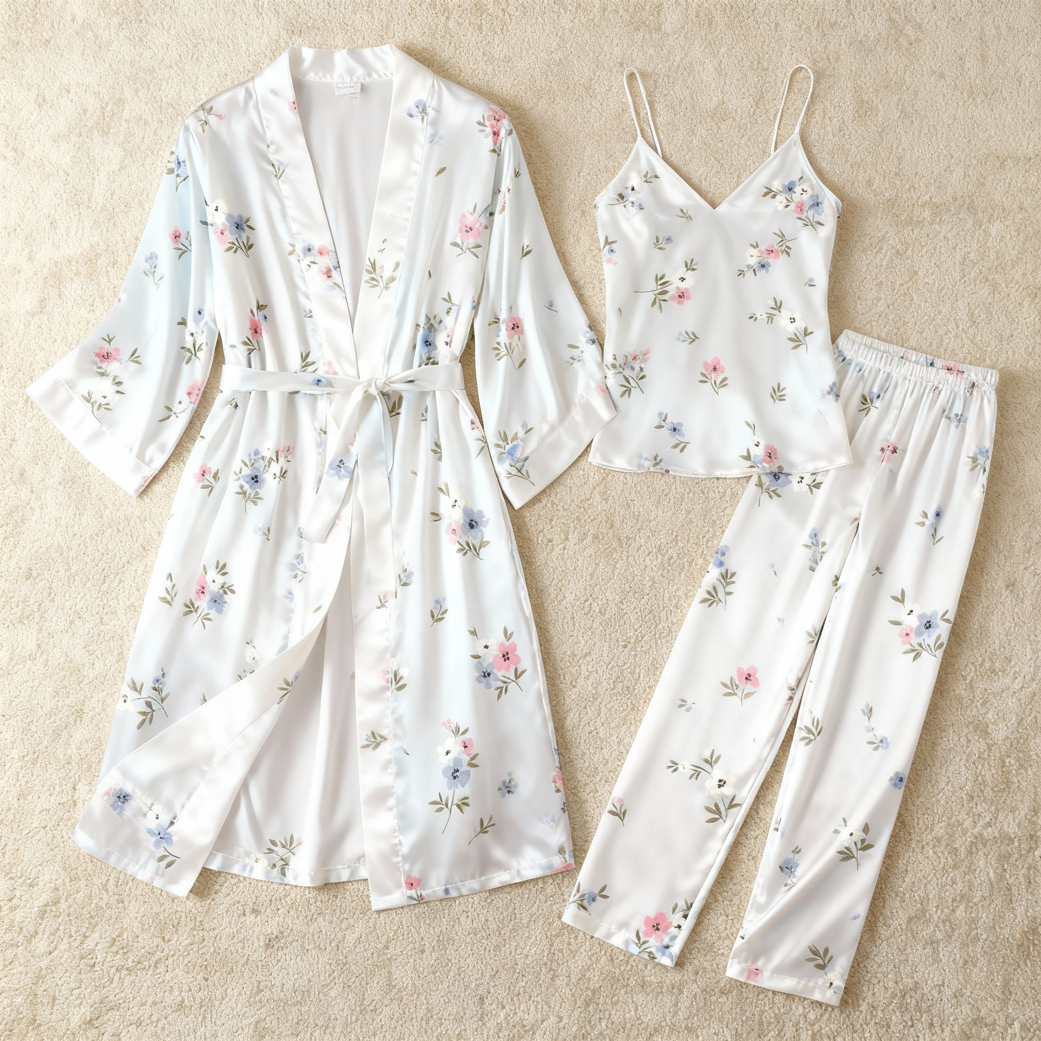 Satin 3-Piece Sleepwear Set with Simple Floral Design
