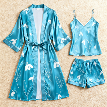 Elegant Floral & Dreamscape Blue Satin Sleepwear Trio for Women
