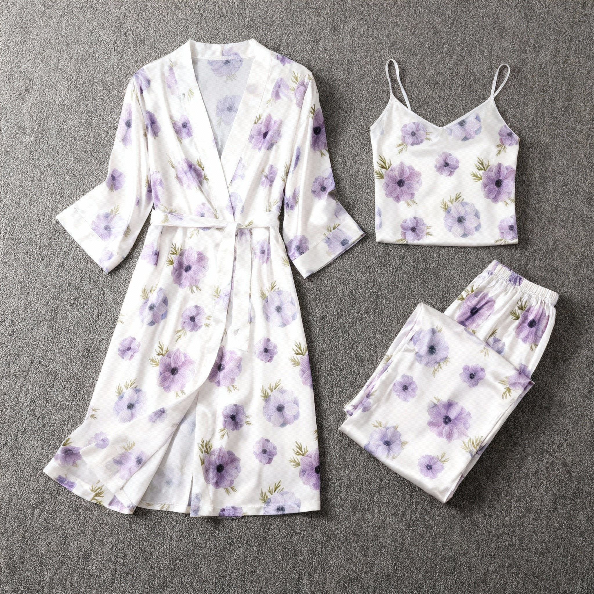 Satin 3-Piece Sleepwear Set with Purple Floral Design