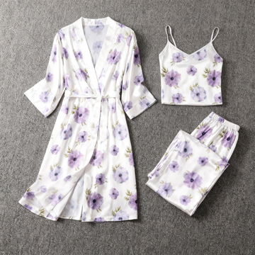 Satin 3-Piece Sleepwear Set with Purple Floral Design