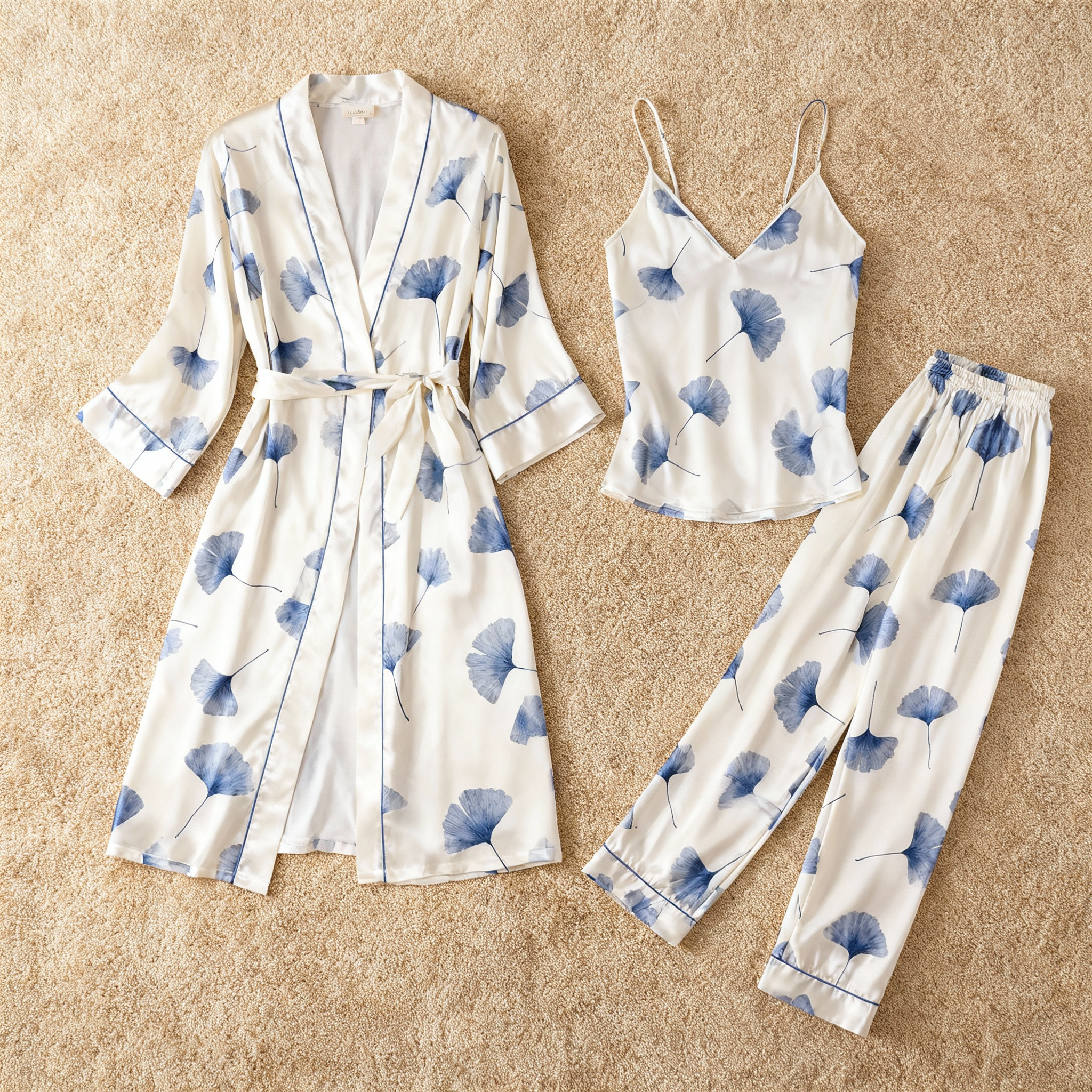 Feminine Satin Pajama Trio with Blue Floral Details
