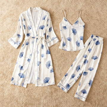 Feminine Satin Pajama Trio with Blue Floral Details
