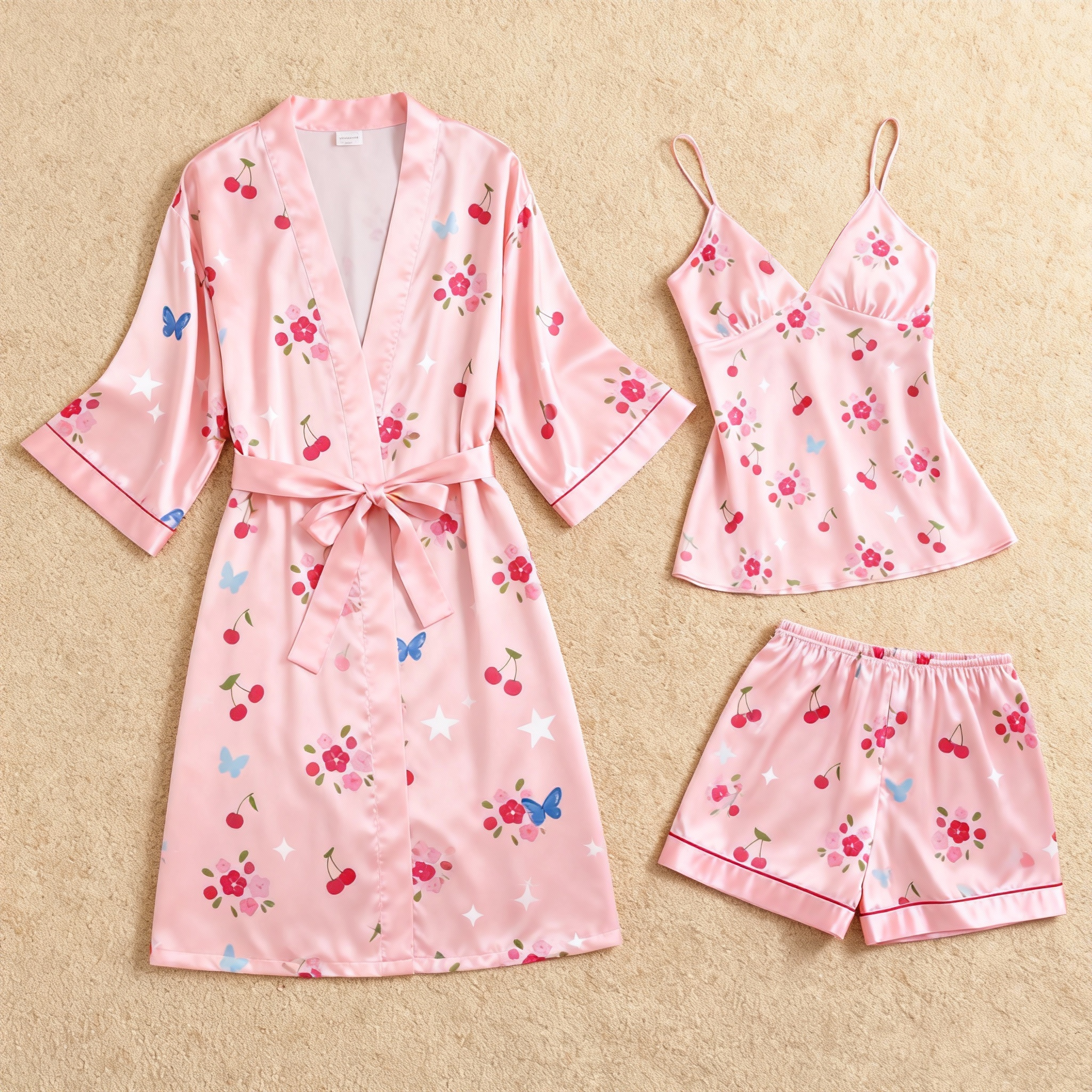 Elegant Pink Floral & Dreamscape Satin Sleepwear Trio for Women
