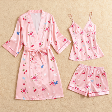 Elegant Pink Floral & Dreamscape Satin Sleepwear Trio for Women
