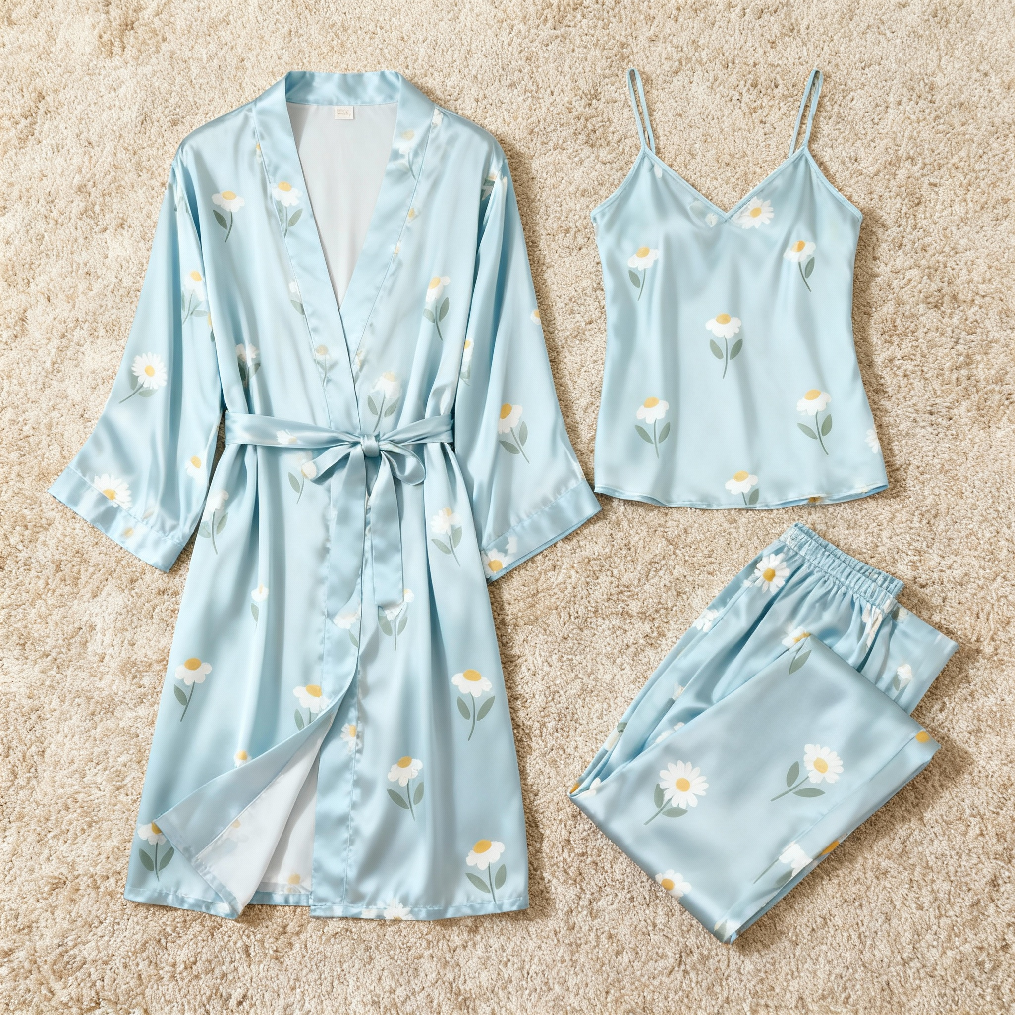 Feminine Satin Pajama Trio with Elegant Floral Details