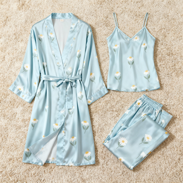 Feminine Satin Pajama Trio with Elegant Floral Details