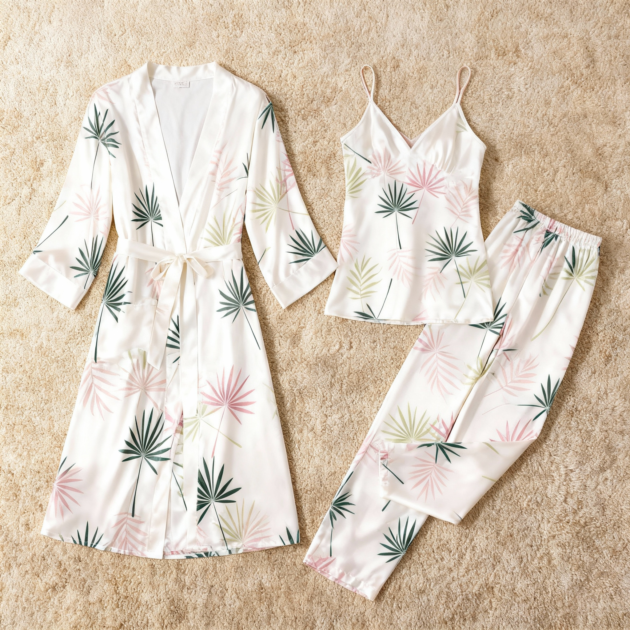 Feminine Satin Pajama Trio with Elegant Botanical Details