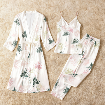 Feminine Satin Pajama Trio with Elegant Botanical Details