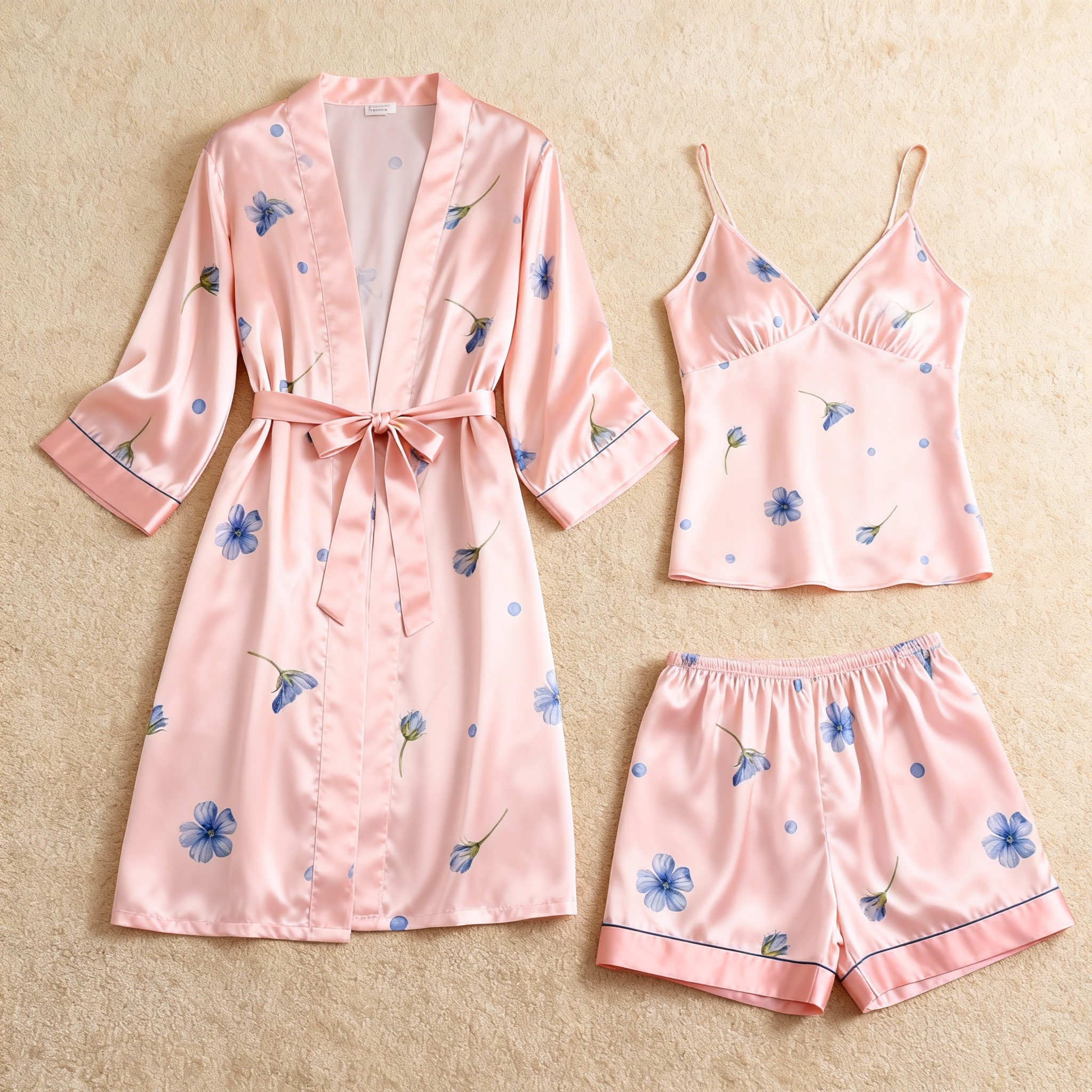 Elegant Blue Floral & Dreamscape Satin Sleepwear Trio for Women