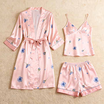Elegant Blue Floral & Dreamscape Satin Sleepwear Trio for Women