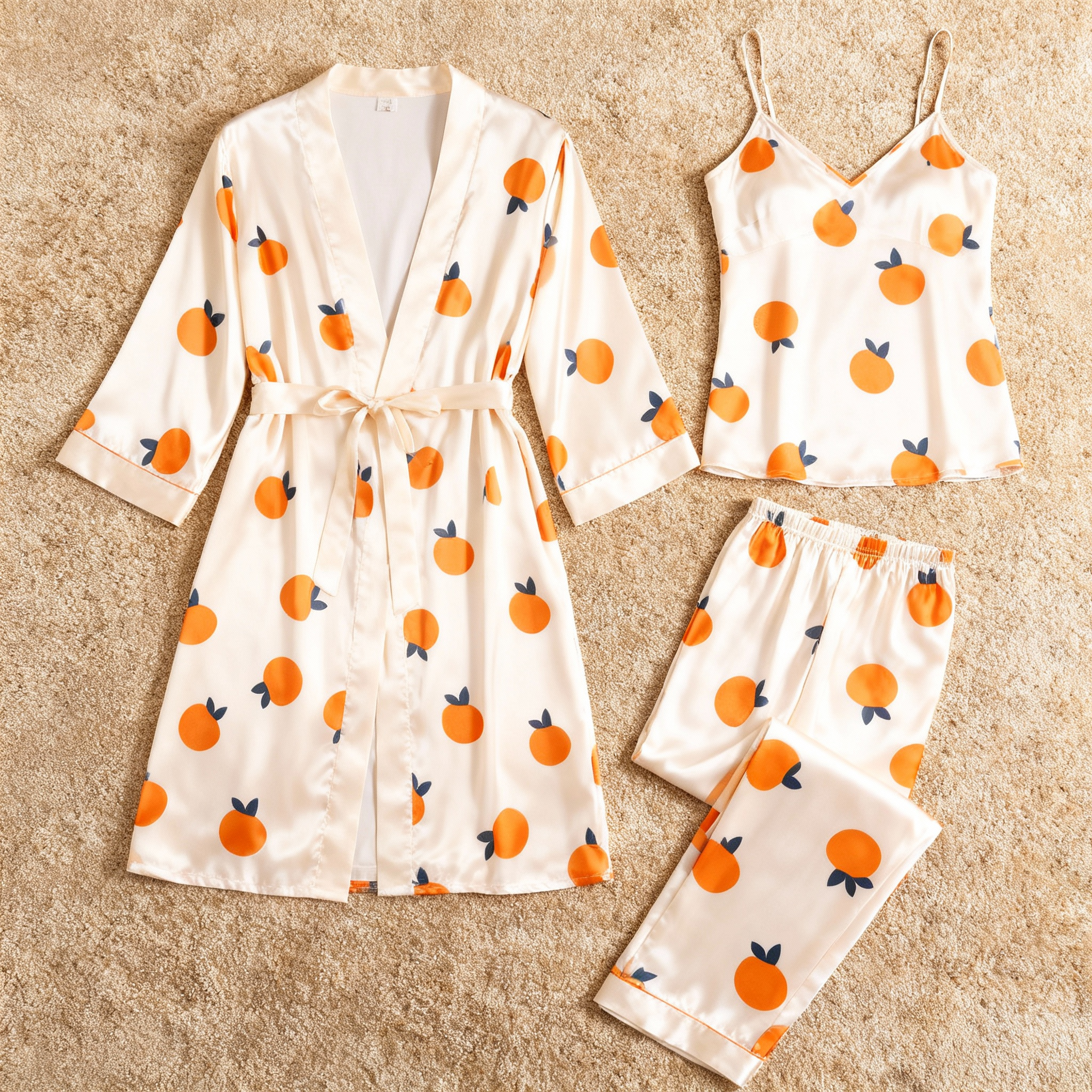 Feminine Satin Pajama Trio with Juicy Fruit Details