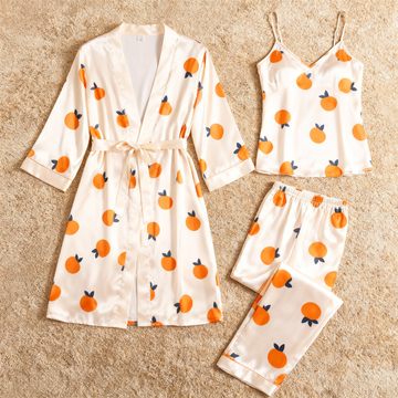 Feminine Satin Pajama Trio with Juicy Fruit Details