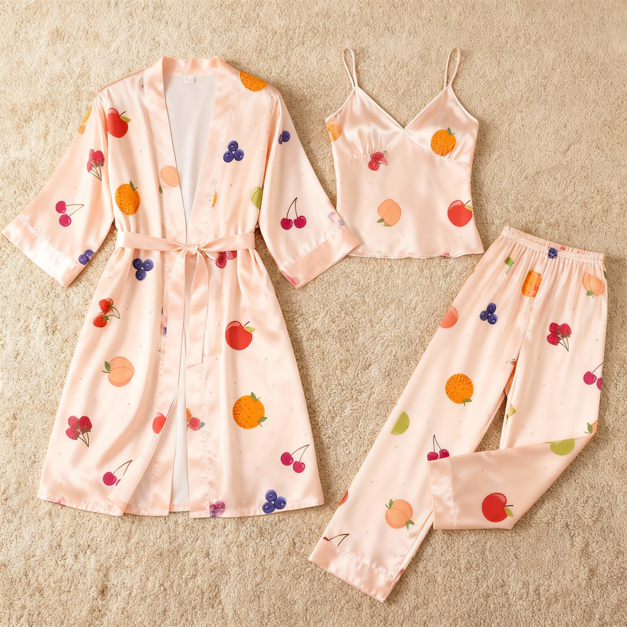 Feminine Satin Pajama Trio with Tropical Fruit  Design