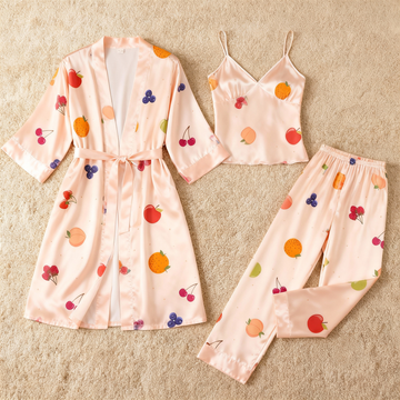 Feminine Satin Pajama Trio with Tropical Fruit  Design