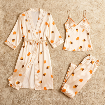 Feminine Satin Pajama Trio with Seasonal Leaf-and-Fruit Design
