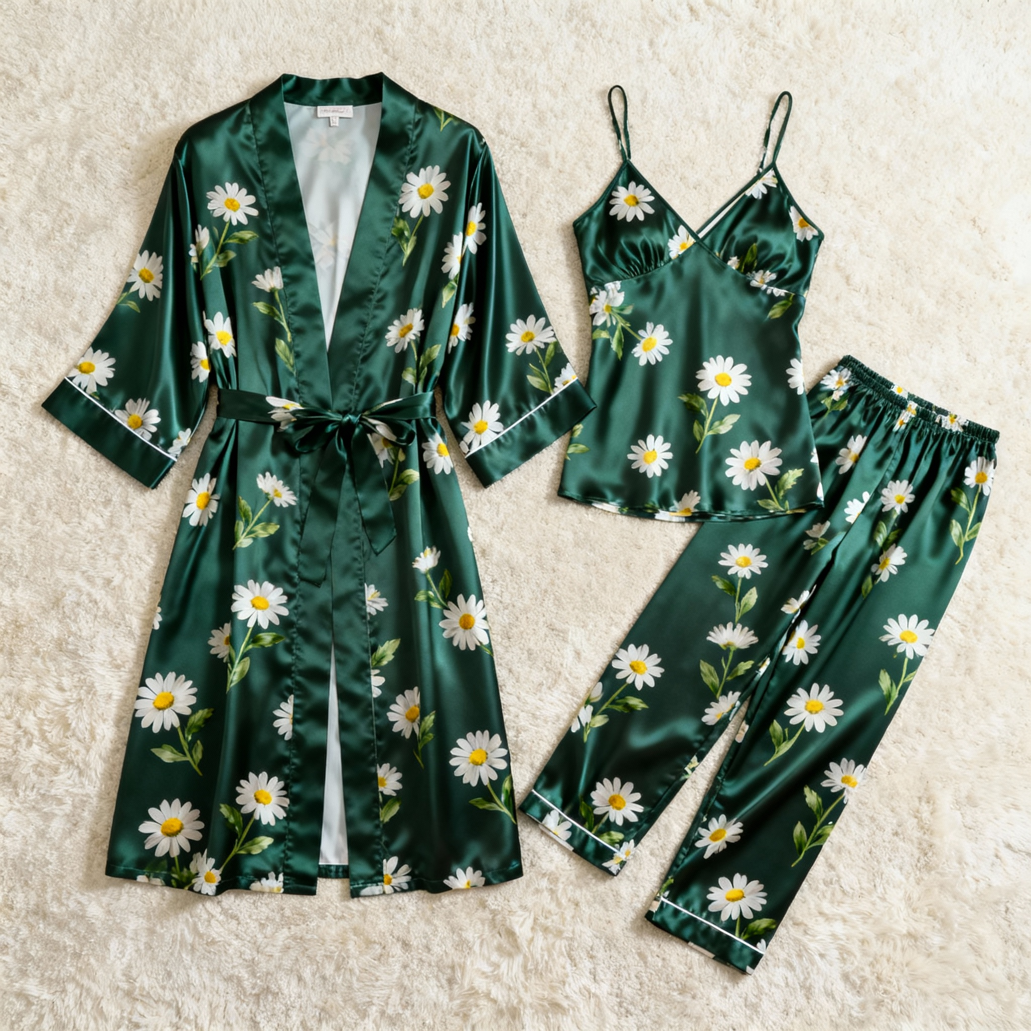 Feminine Elegant Green Satin Pajama Trio