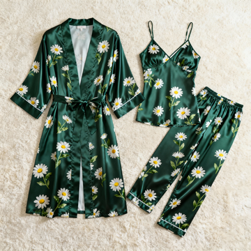 Feminine Elegant Green Satin Pajama Trio