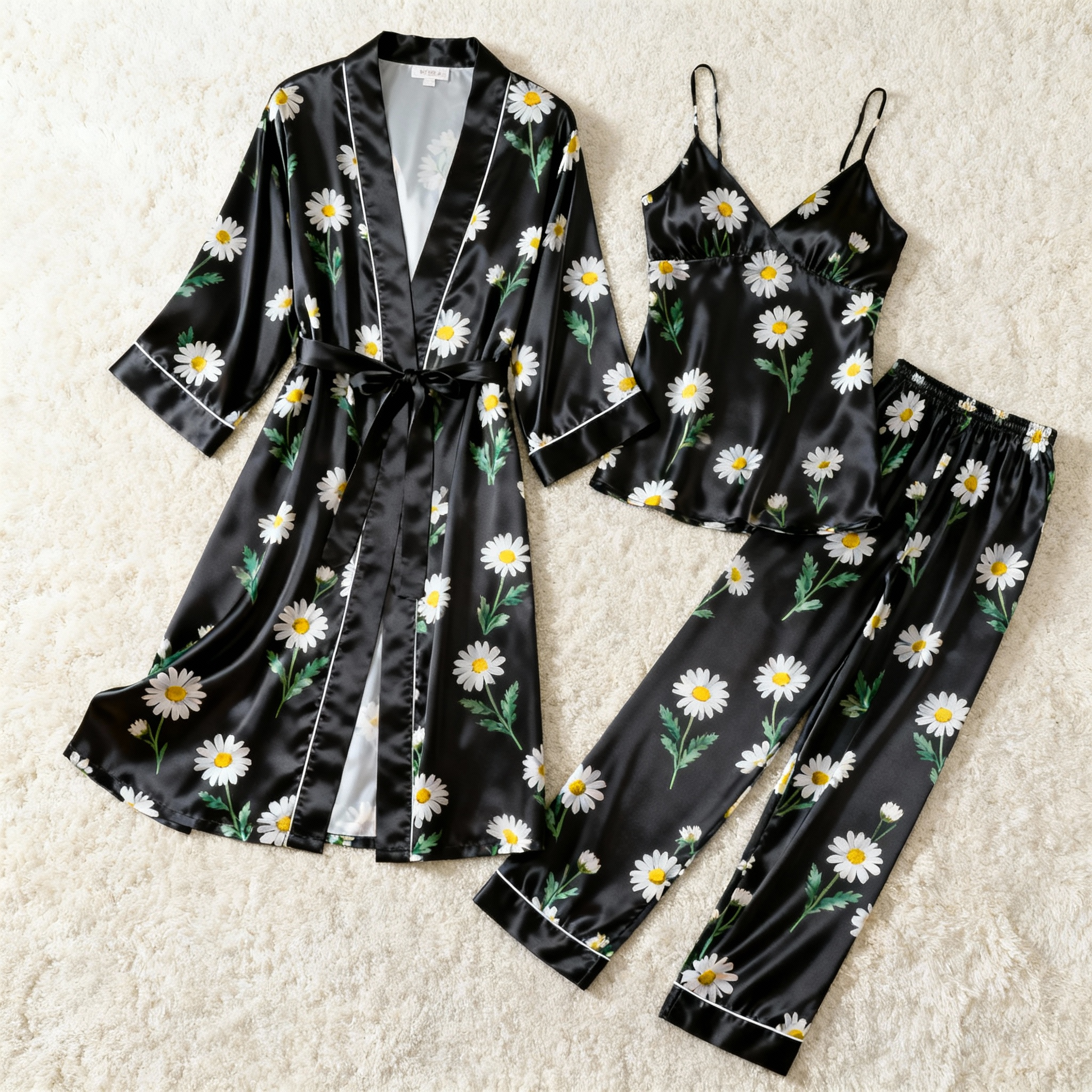 Feminine Elegant Black Satin Pajama Trio