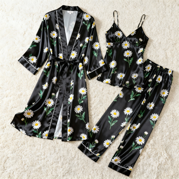 Feminine Elegant Black Satin Pajama Trio
