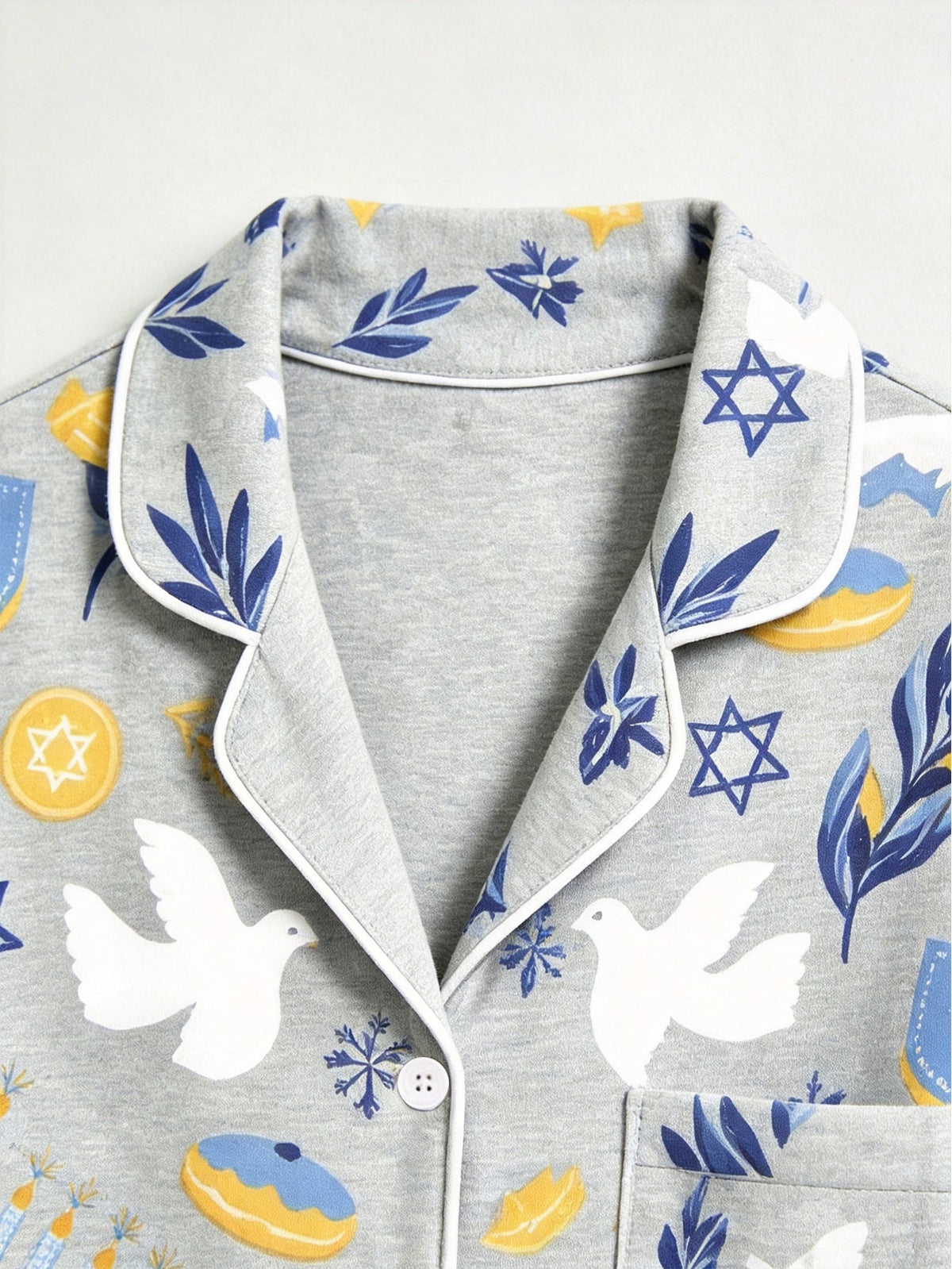 Hanukkah Family Pajamas Two-Piece Button-Front Long Sleeve Long Pants with Pocket - Hanukkah Menorah & Dove Print